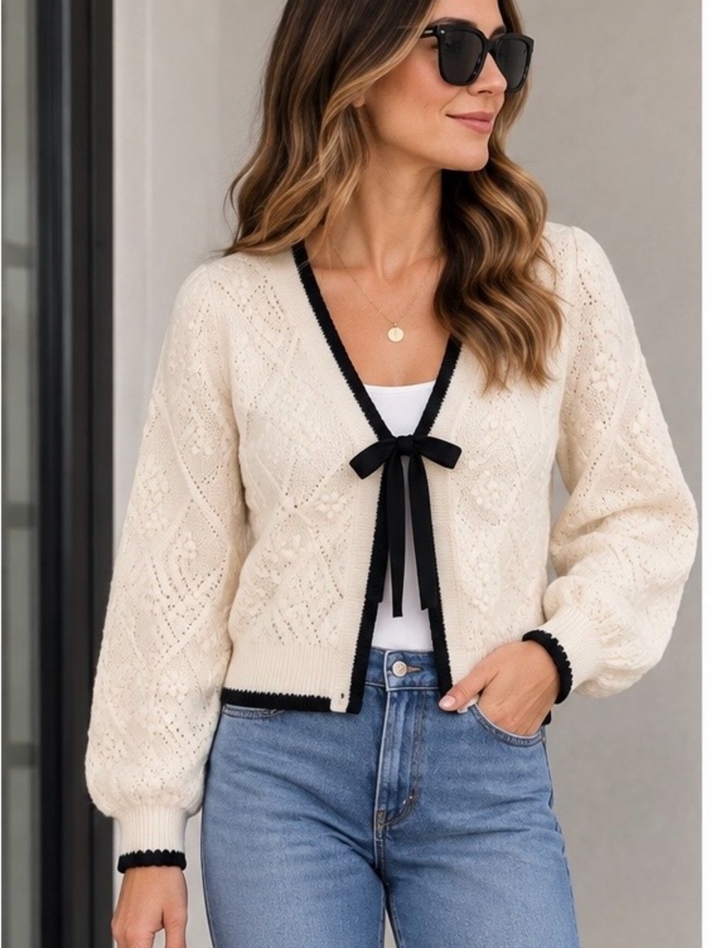 Blu Pepper Cream Knit Cardigan with Black Trim and Bow Tie M